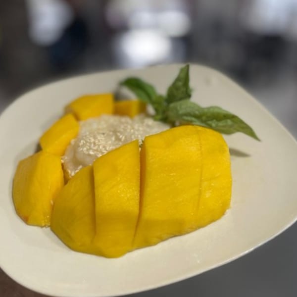 Mr. Thai's mango sticky rice dessert with fresh mango slices, sticky rice, and a mint garnish.